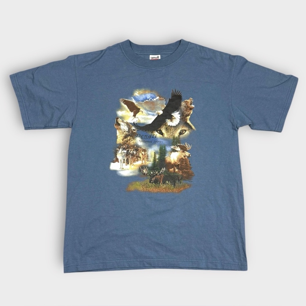 Vintage 2002 Anvil Denali Alaska Untamed Spirits Wildlife Graphic T Shirt Mens M